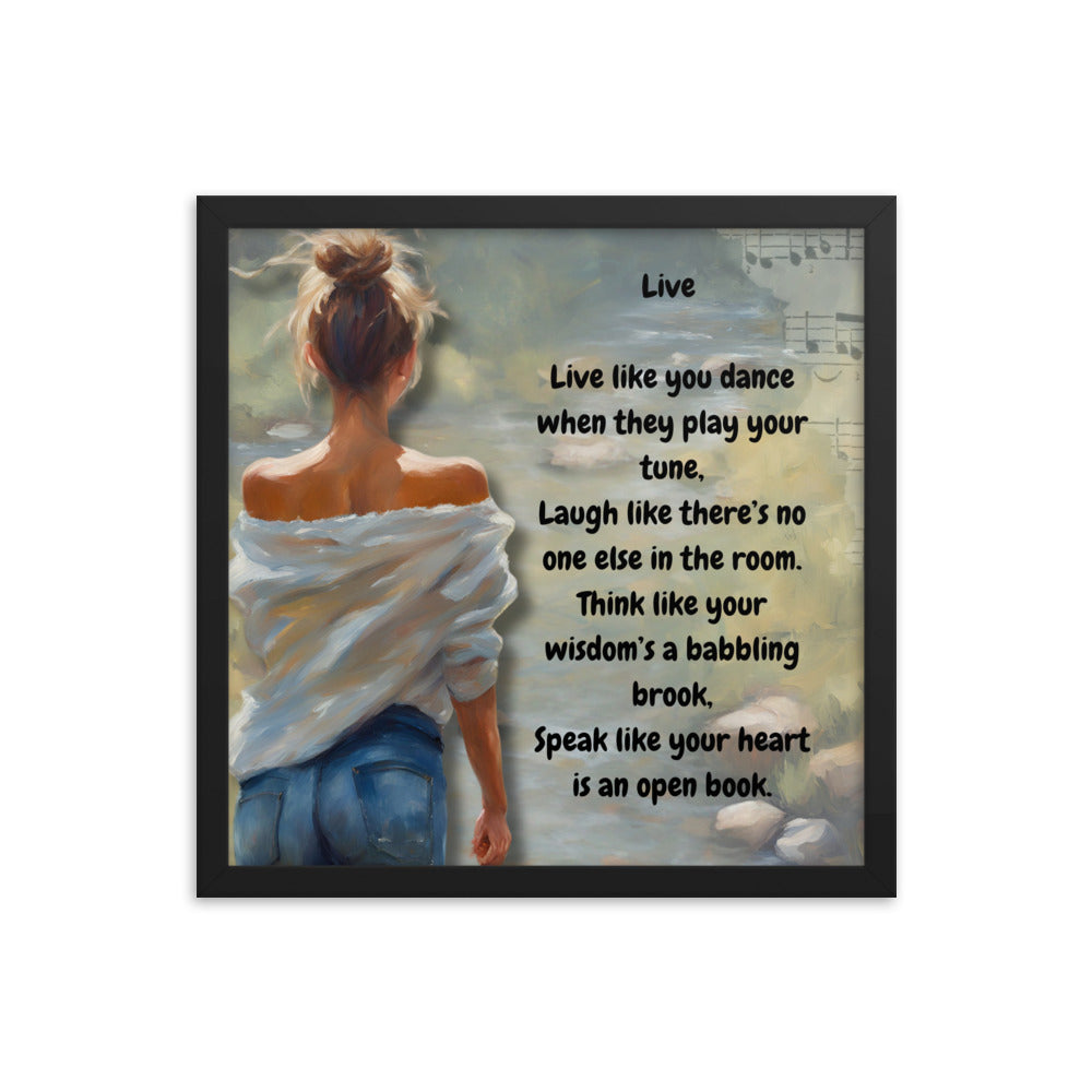 'Live' framed photo paper poster with impressionist oil style artwork and original poem by writer Sally Meeson