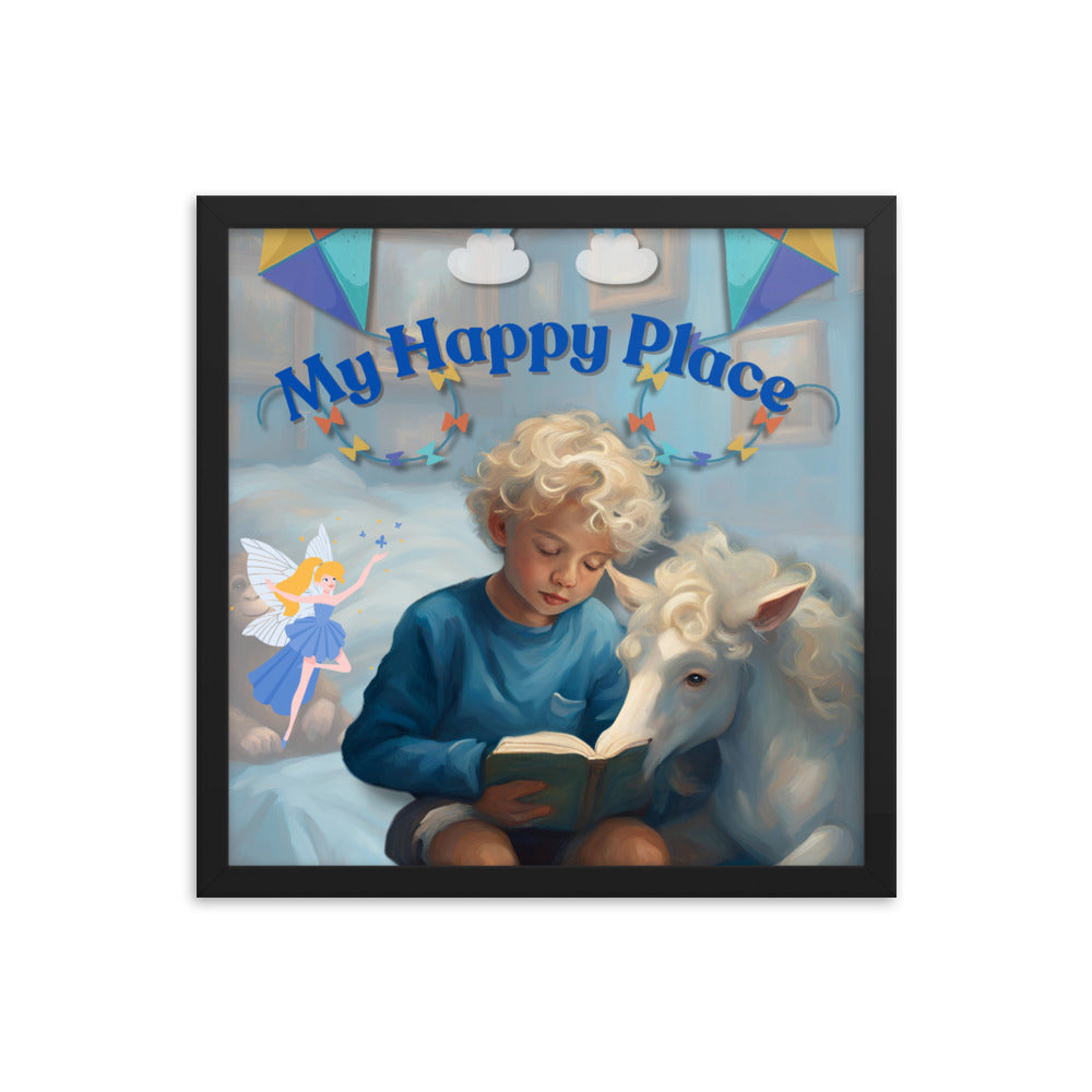 'My Happy Place' child's room blue framed photo paper poster with impressionist oil style artwork