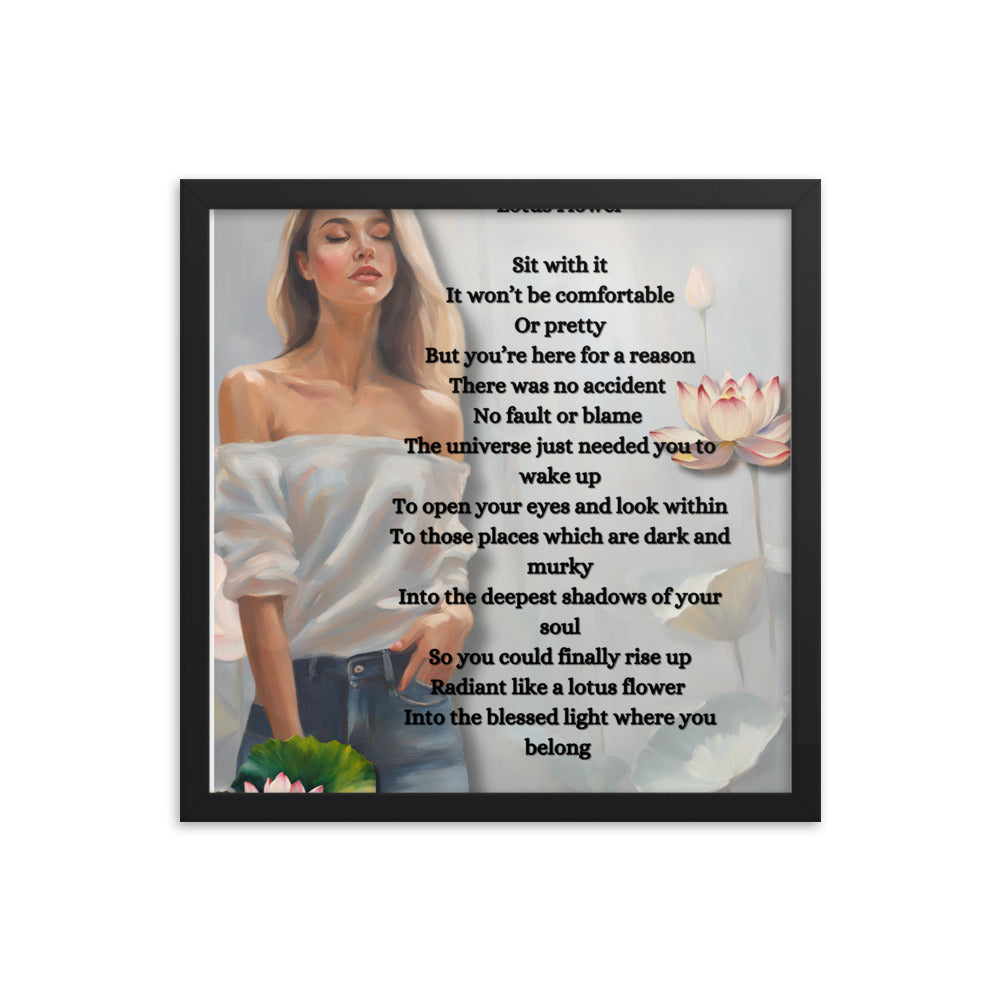 'Lotus Flower' framed photo paper poster with impressionist oil style artwork and original poem by writer Sally Meeson