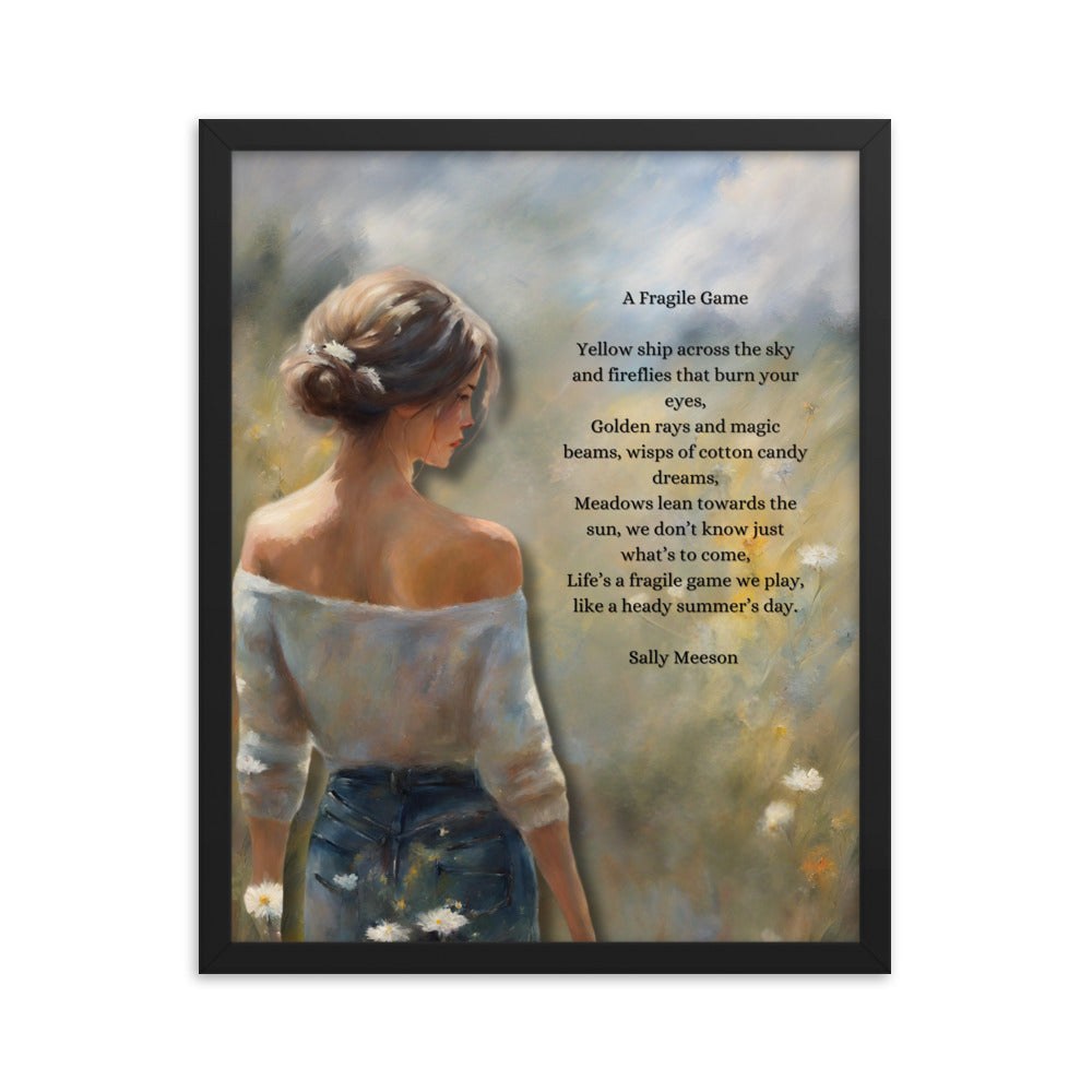 'A Fragile Game' framed photo paper poster with impressionist oil style artwork and original poem by writer Sally Meeson