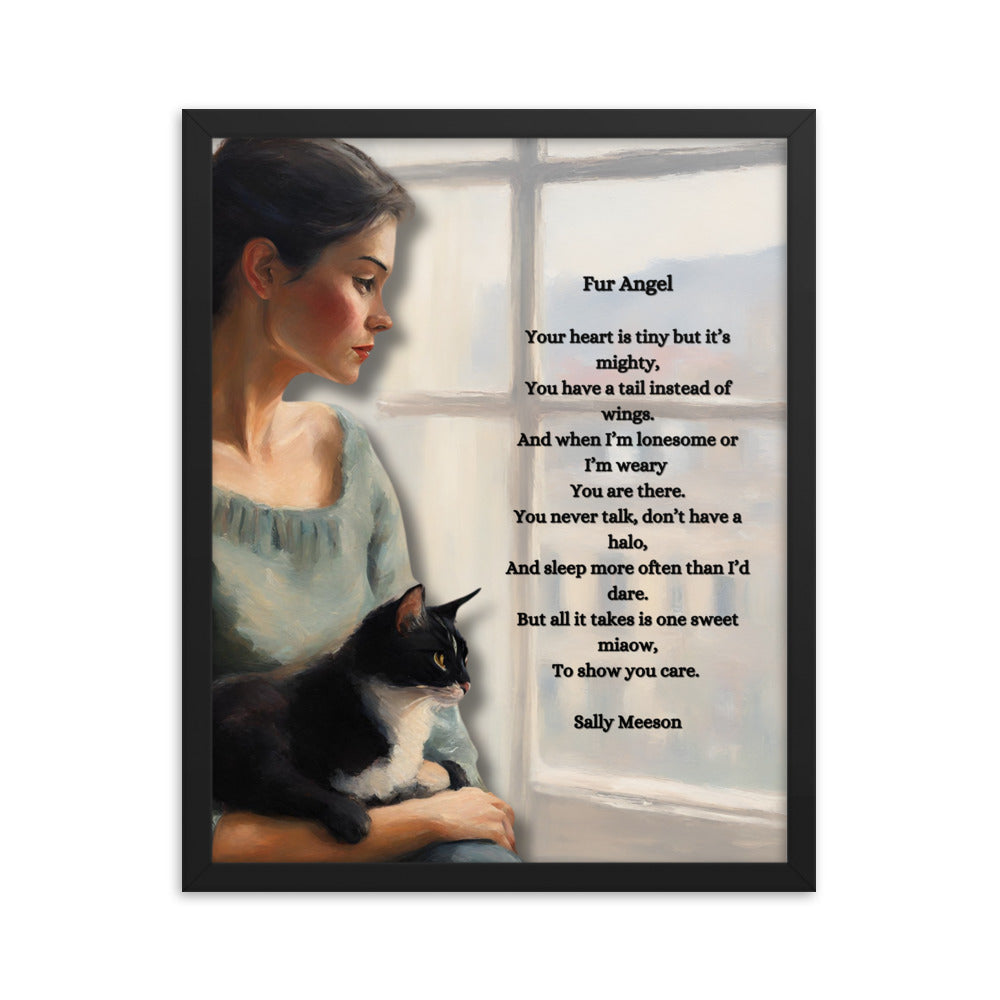 'Fur Angel' framed photo paper poster with impressionist oil style artwork and original poem by writer Sally Meeson