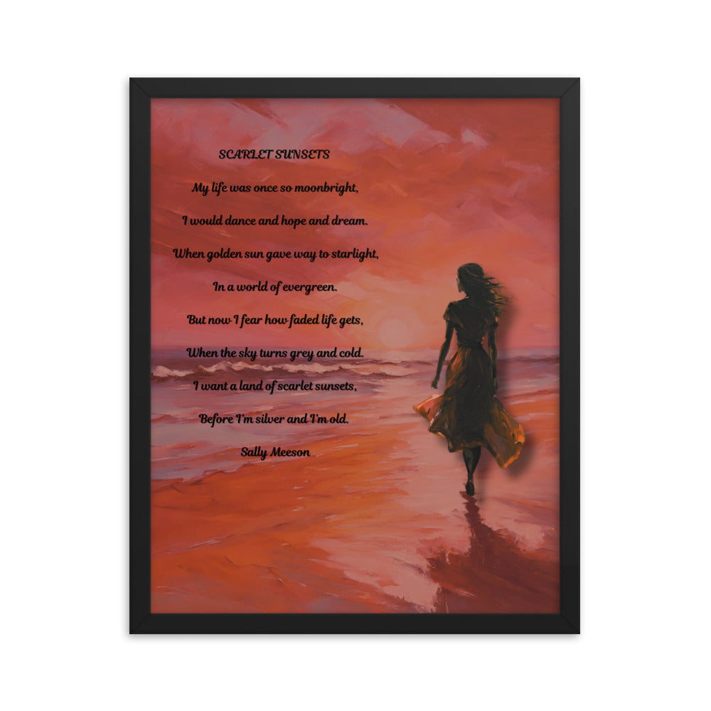 'Scarlet Sunsets' framed photo paper poster with impressionist oil style artwork and original poem by writer Sally Meeson