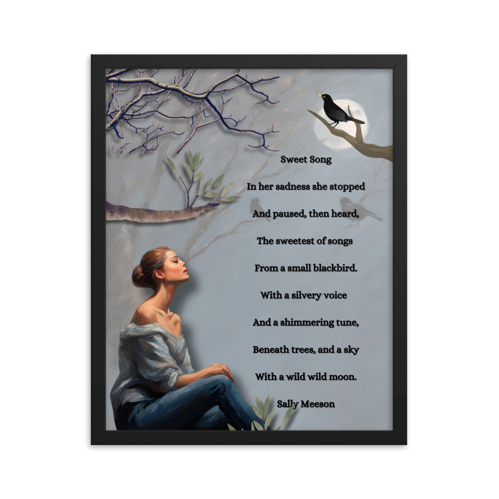 'Sweet Song' framed photo paper poster with impressionist style artwork and original poem by writer Sally Meeson