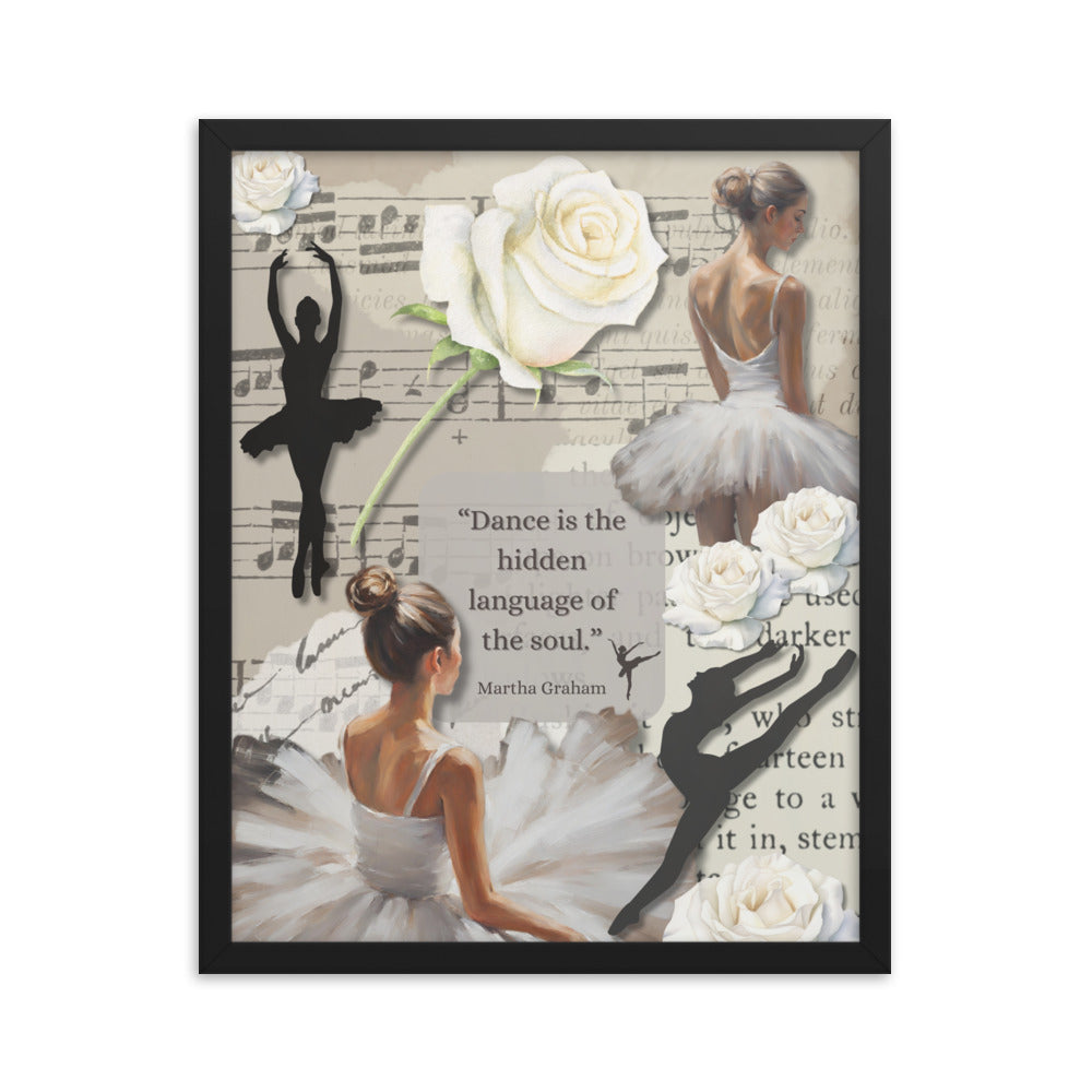 'Dance' framed photo paper poster with impressionist oil style artwork and quote by dancer Martha Graham