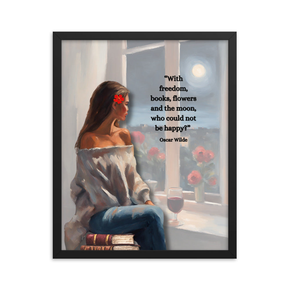 'Freedom, books, flowers and the moon' framed photo paper poster with impressionist oil style artwork and Oscar Wilde quote