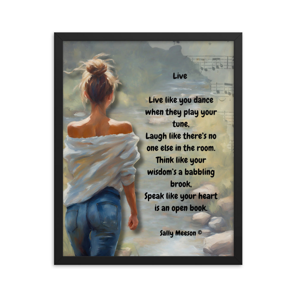 'Live' framed photo paper poster with impressionist oil style artwork and original poem by writer Sally Meeson