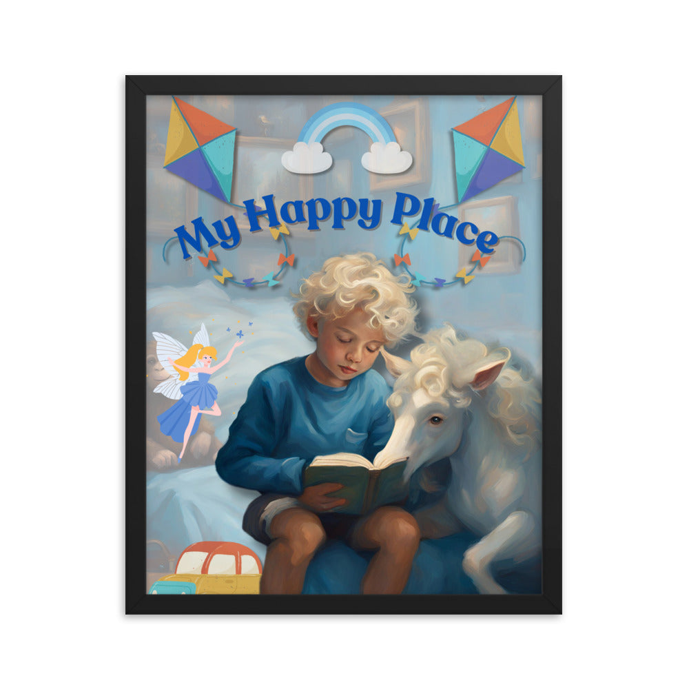 'My Happy Place' child's room blue framed photo paper poster with impressionist oil style artwork