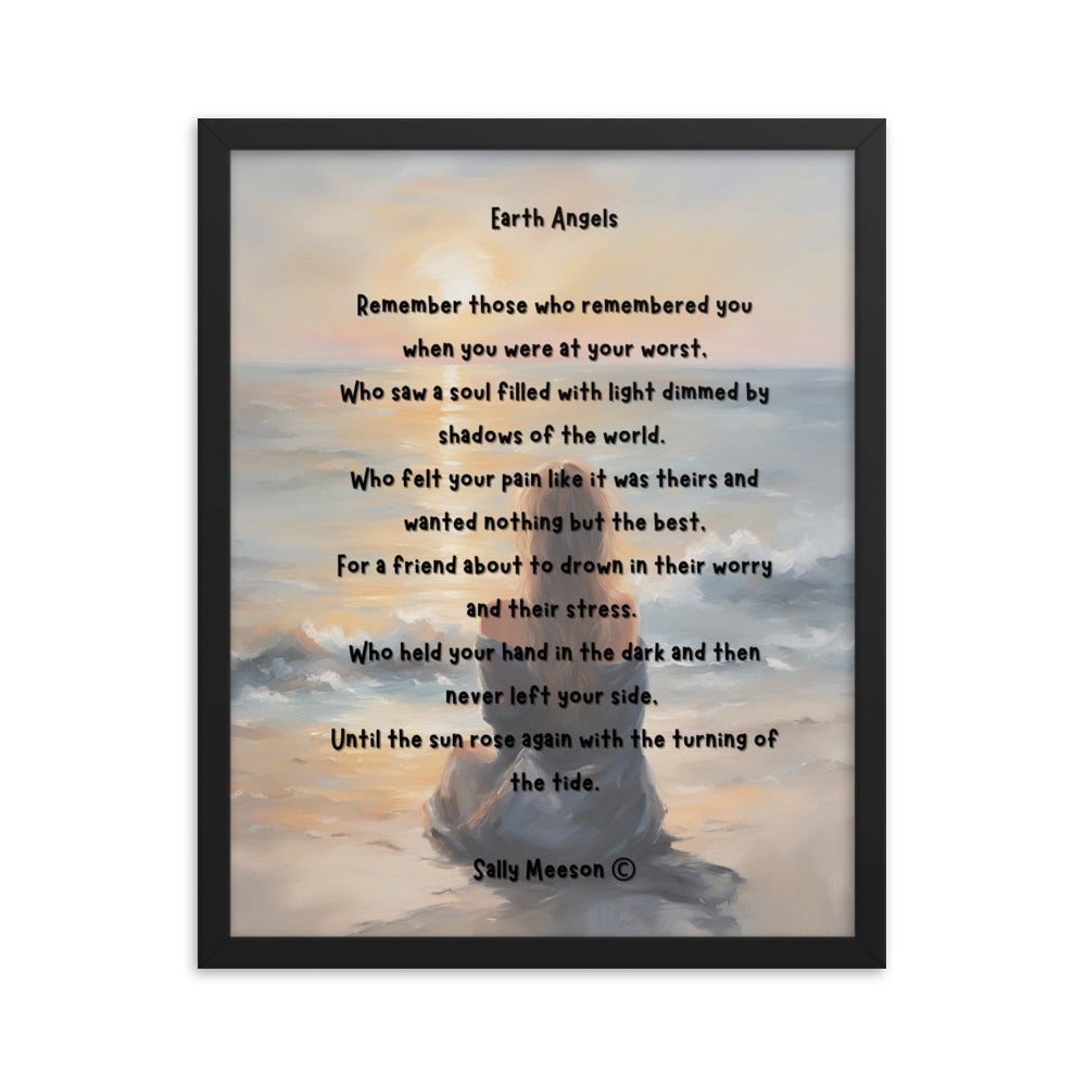 'Earth Angels' framed photo paper poster with impressionist style artwork and original poem by writer Sally Meeson