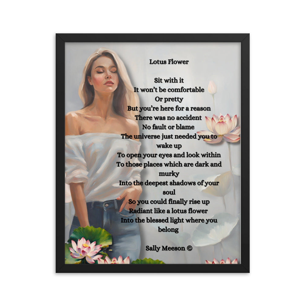 'Lotus Flower' framed photo paper poster with impressionist oil style artwork and original poem by writer Sally Meeson