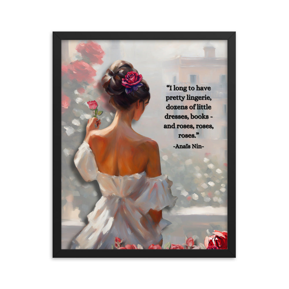 'Roses' framed photo paper poster with impressionist oil style artwork and quote from Anaïs Nin