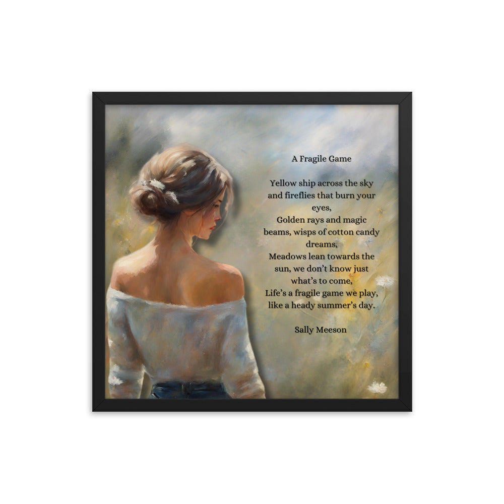 'A Fragile Game' framed photo paper poster with impressionist oil style artwork and original poem by writer Sally Meeson