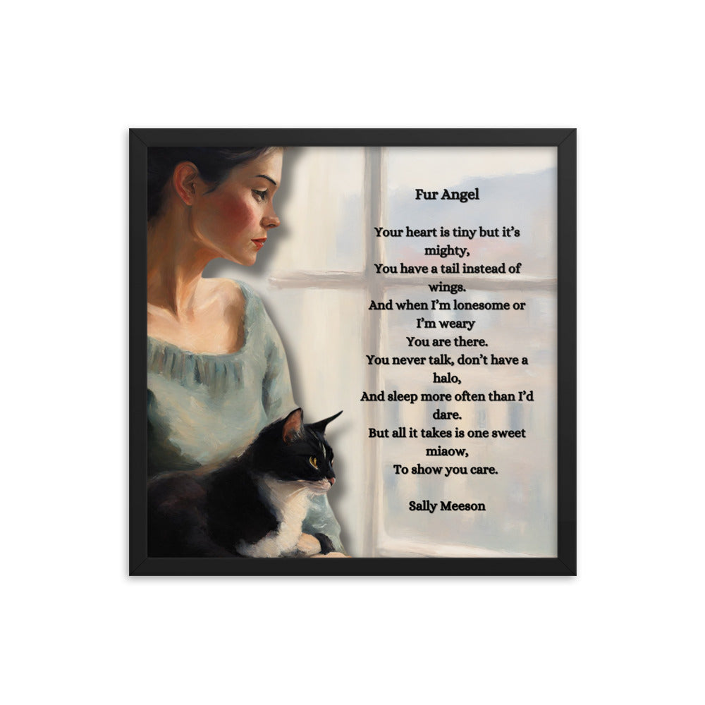 'Fur Angel' framed photo paper poster with impressionist oil style artwork and original poem by writer Sally Meeson