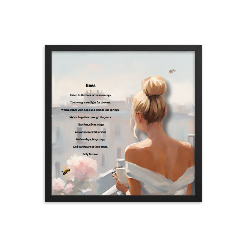 'Bees' framed photo paper poster with impressionist style artwork and original poem by writer Sally Meeson