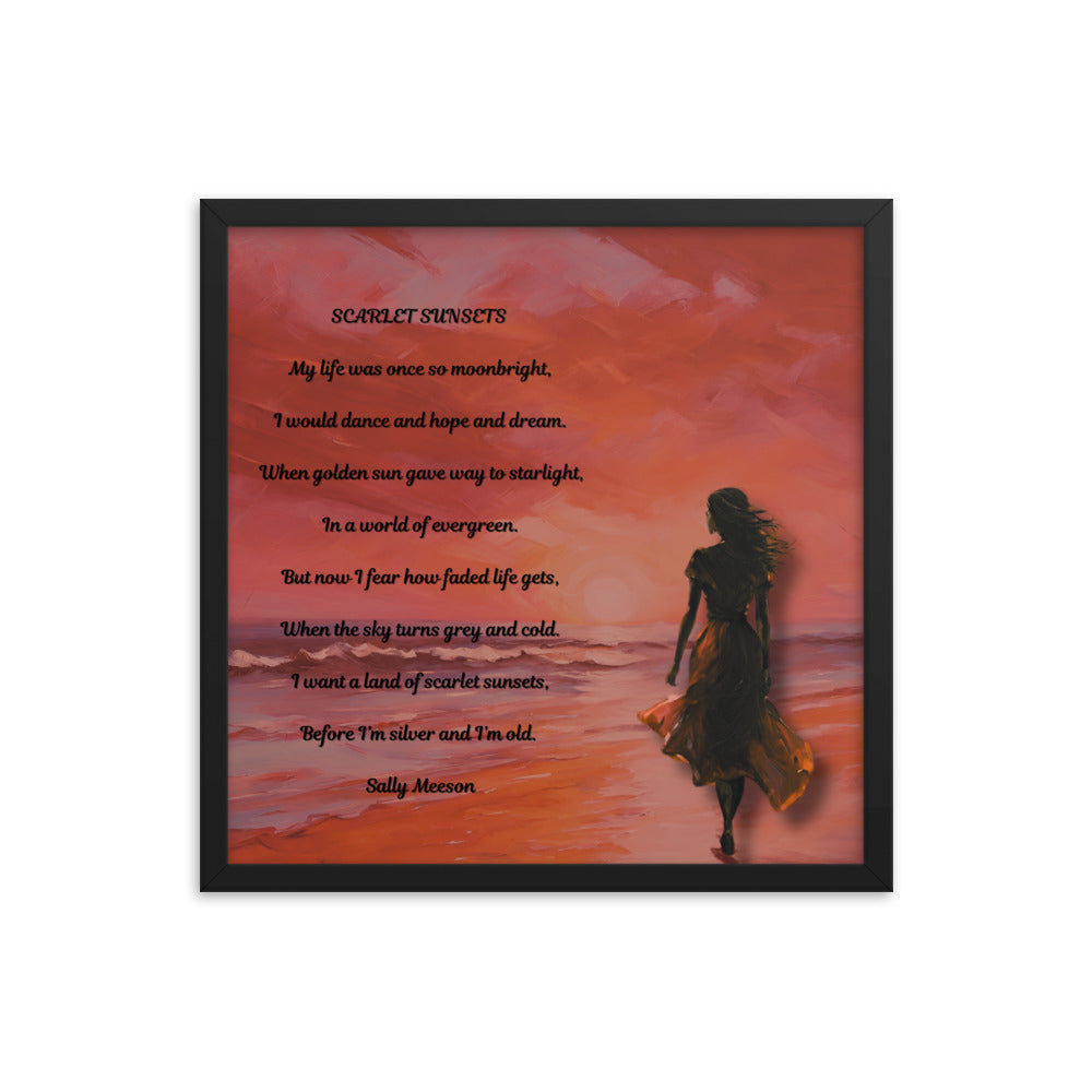 'Scarlet Sunsets' framed photo paper poster with impressionist oil style artwork and original poem by writer Sally Meeson