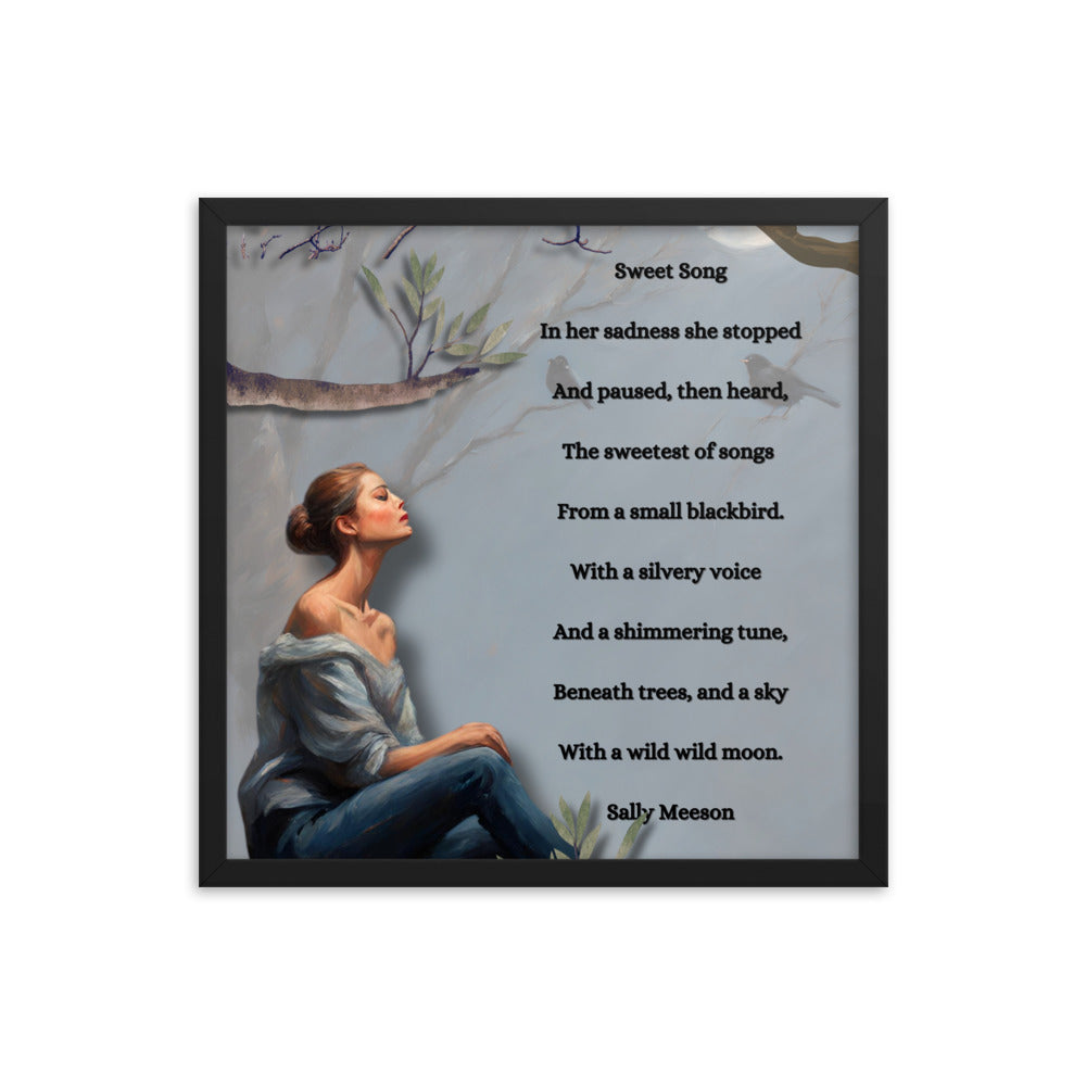 'Sweet Song' framed photo paper poster with impressionist style artwork and original poem by writer Sally Meeson