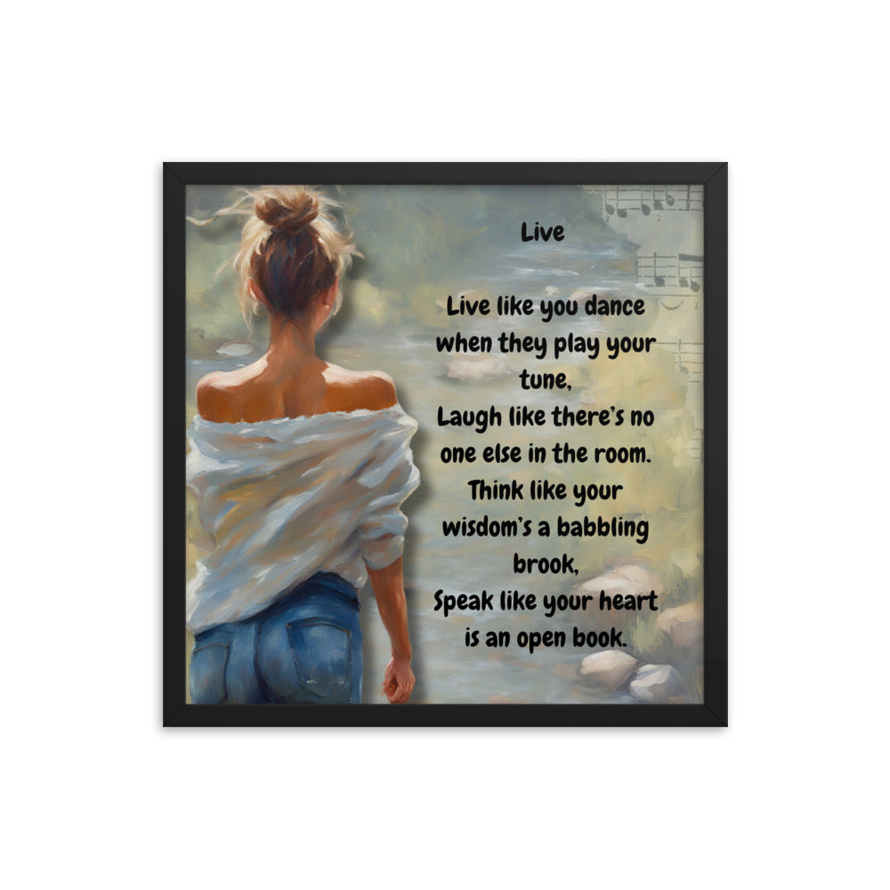 'Live' framed photo paper poster with impressionist oil style artwork and original poem by writer Sally Meeson