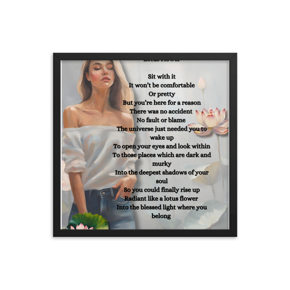 'Lotus Flower' framed photo paper poster with impressionist oil style artwork and original poem by writer Sally Meeson