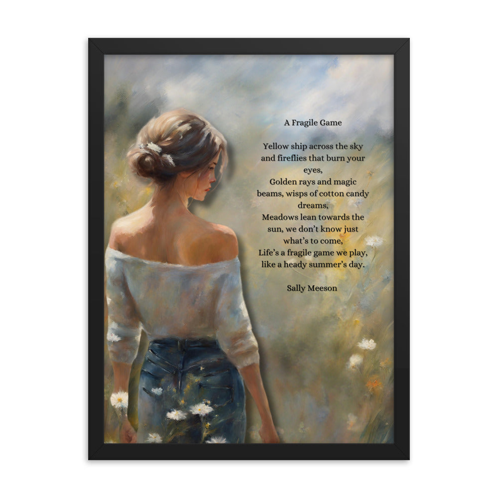 'A Fragile Game' framed photo paper poster with impressionist oil style artwork and original poem by writer Sally Meeson