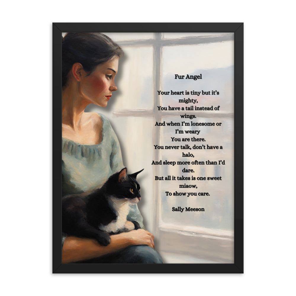 'Fur Angel' framed photo paper poster with impressionist oil style artwork and original poem by writer Sally Meeson