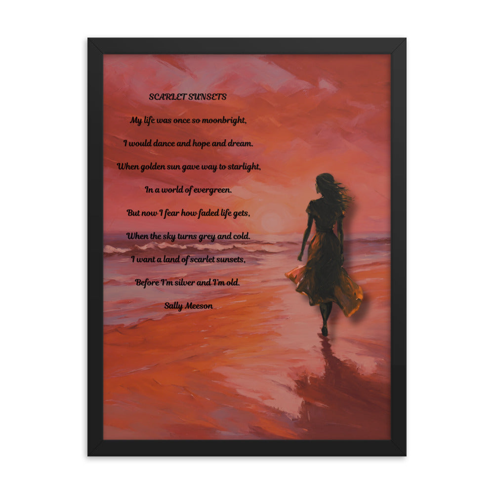 'Scarlet Sunsets' framed photo paper poster with impressionist oil style artwork and original poem by writer Sally Meeson