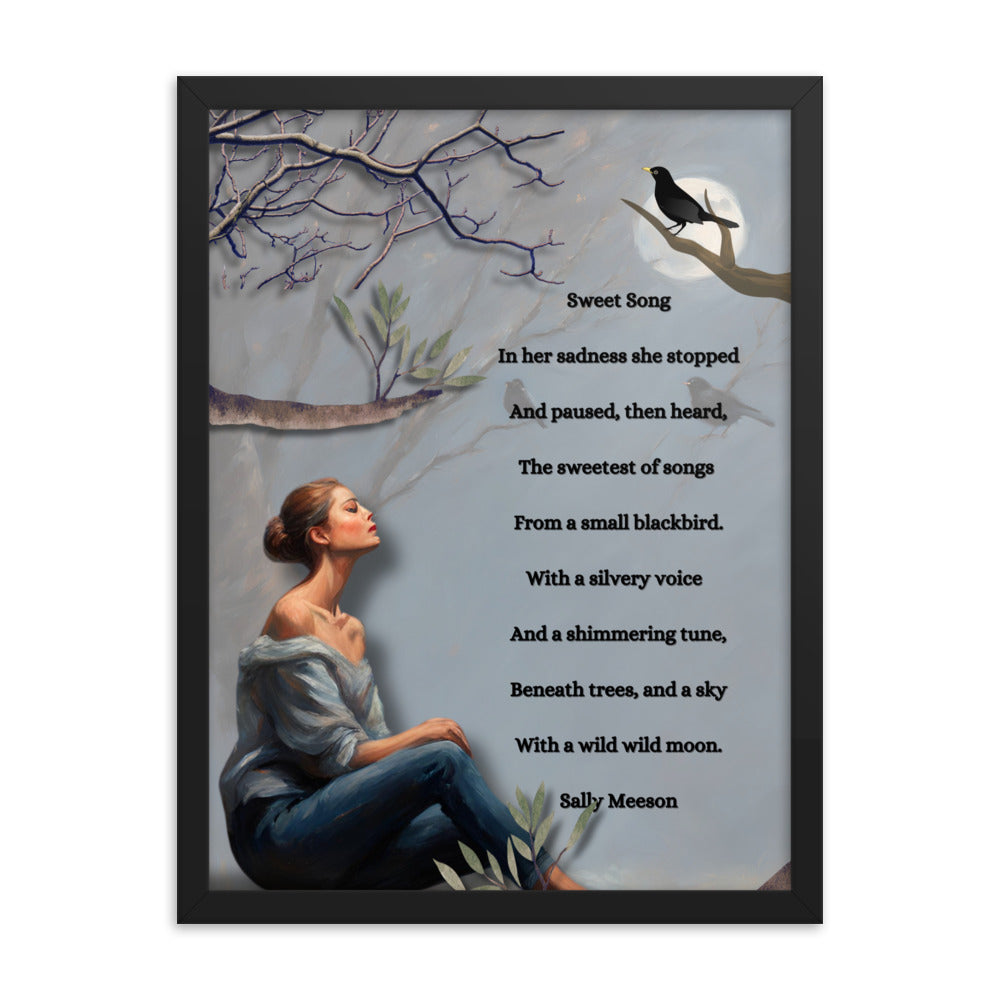 'Sweet Song' framed photo paper poster with impressionist style artwork and original poem by writer Sally Meeson