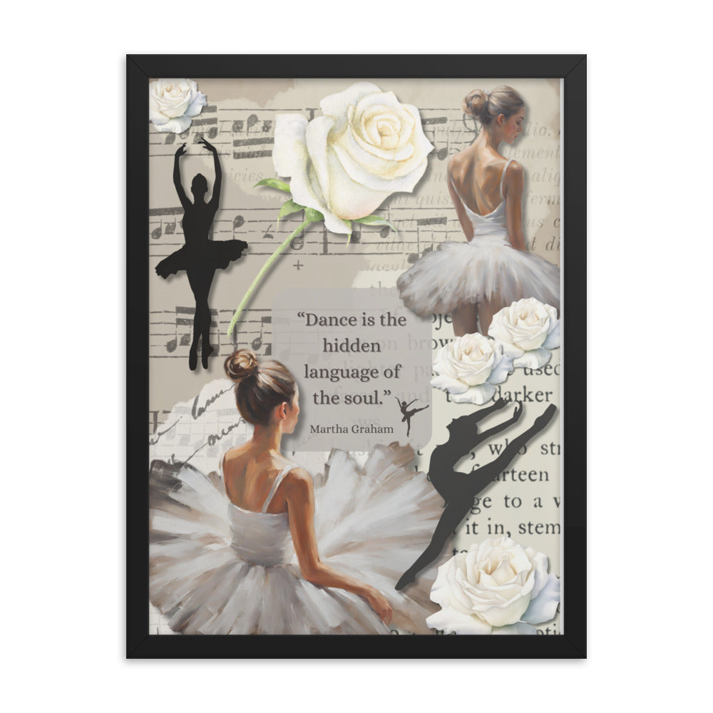 'Dance' framed photo paper poster with impressionist oil style artwork and quote by dancer Martha Graham