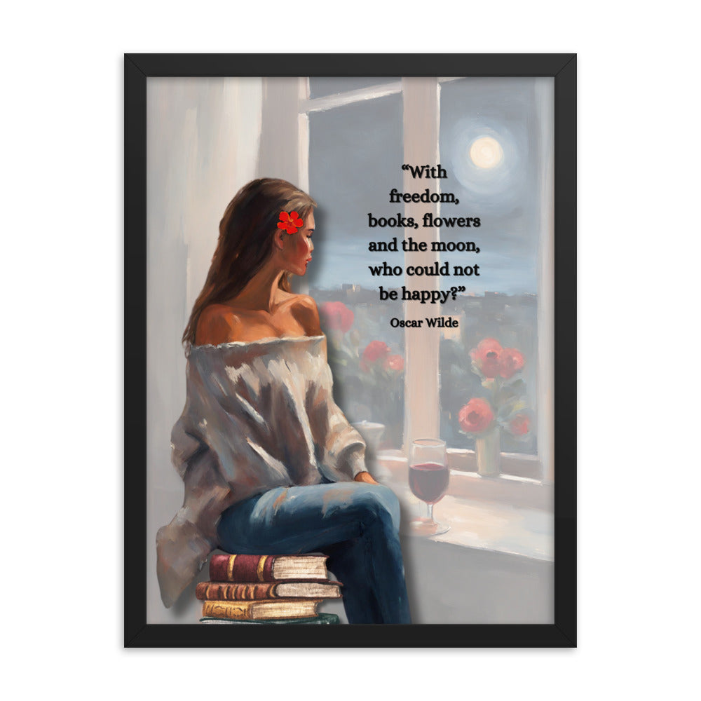 'Freedom, books, flowers and the moon' framed photo paper poster with impressionist oil style artwork and Oscar Wilde quote