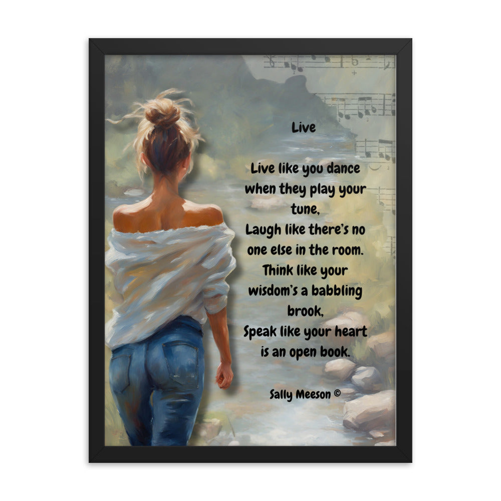 'Live' framed photo paper poster with impressionist oil style artwork and original poem by writer Sally Meeson