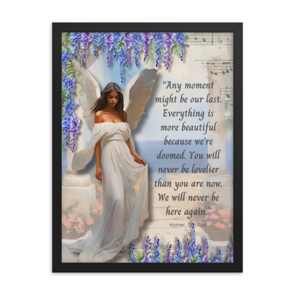 'Moments' framed photo paper poster with impressionist oil style artwork and quote from Homer's The Iliad