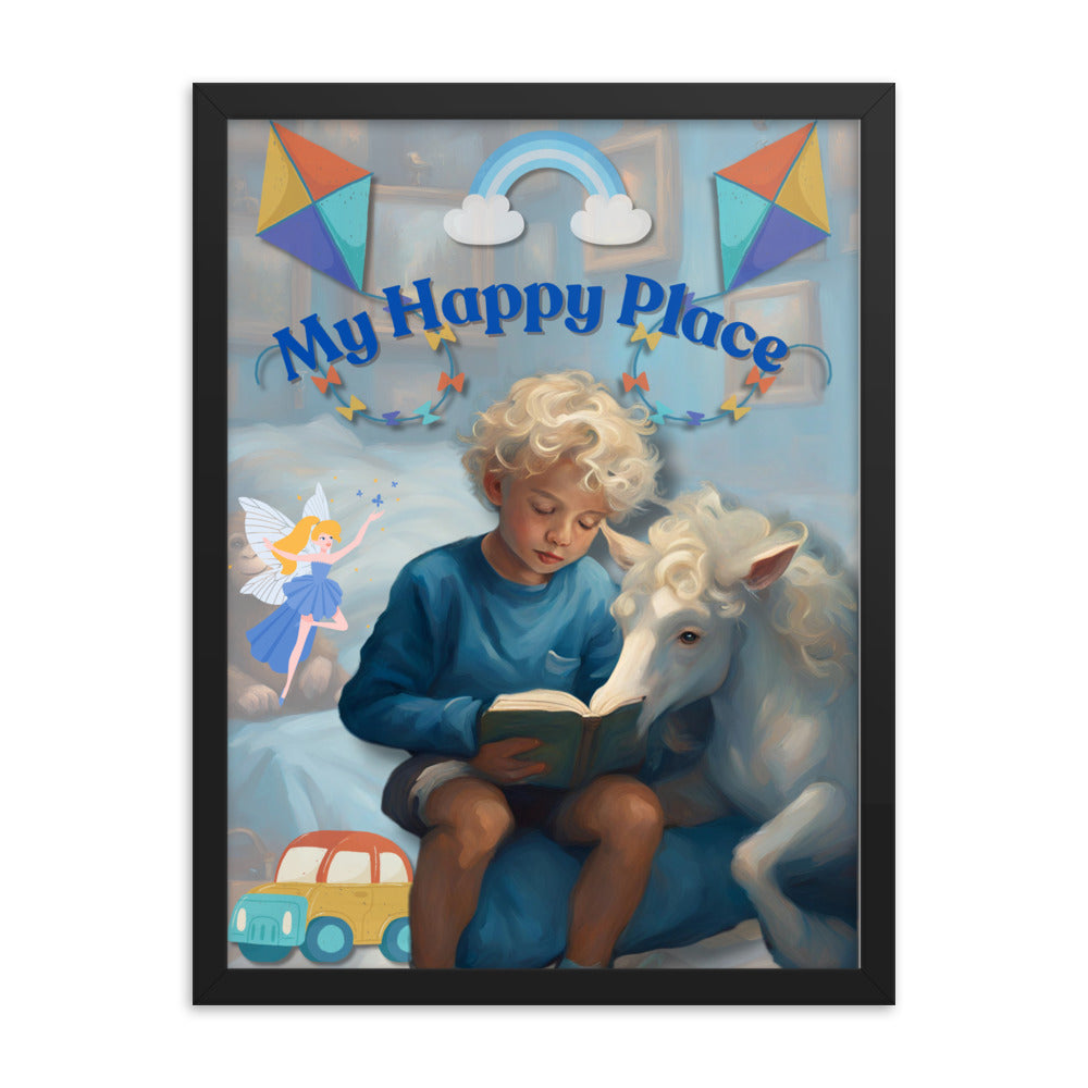 'My Happy Place' child's room blue framed photo paper poster with impressionist oil style artwork