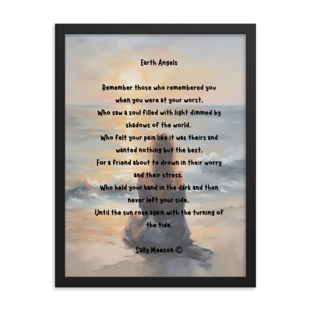 'Earth Angels' framed photo paper poster with impressionist style artwork and original poem by writer Sally Meeson