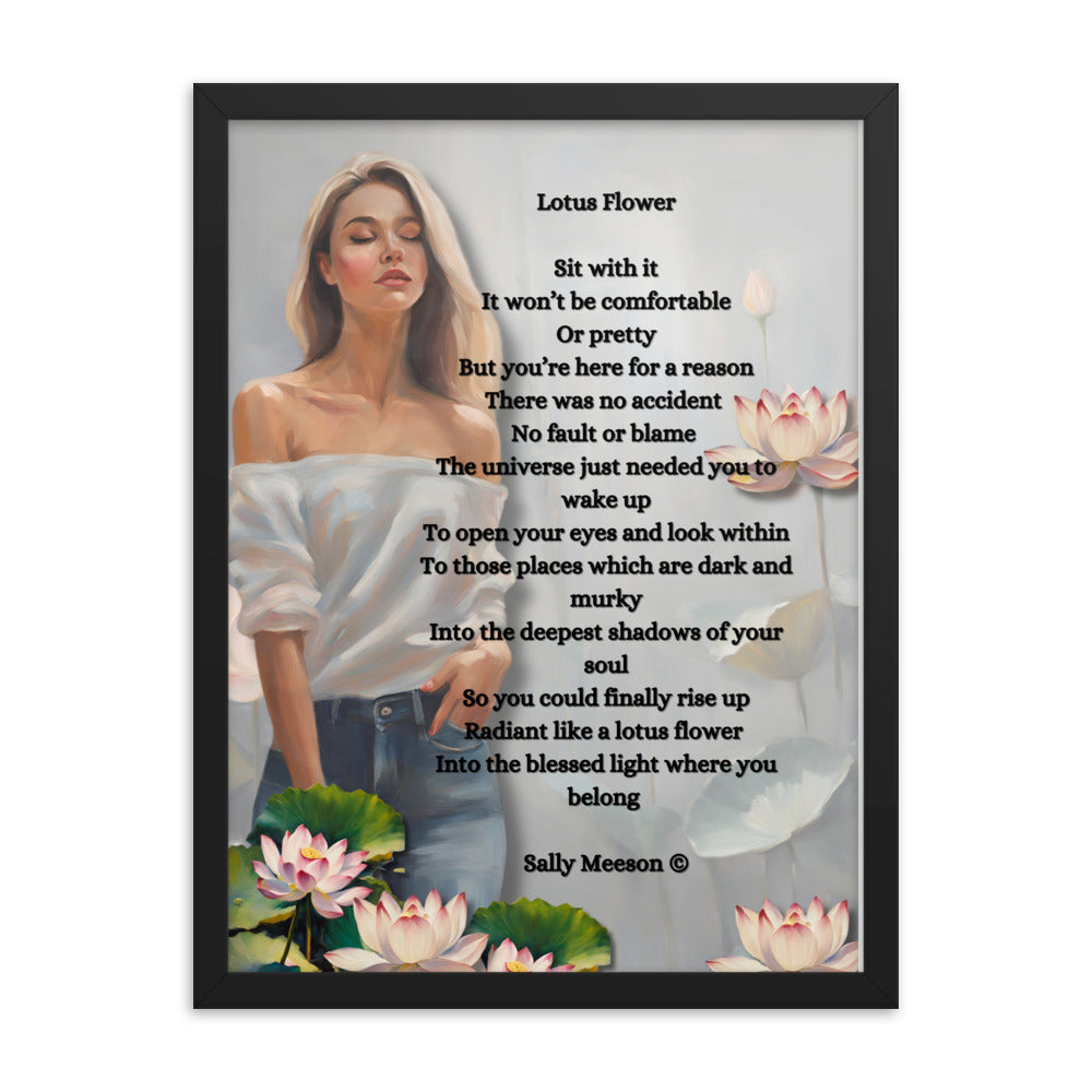 'Lotus Flower' framed photo paper poster with impressionist oil style artwork and original poem by writer Sally Meeson