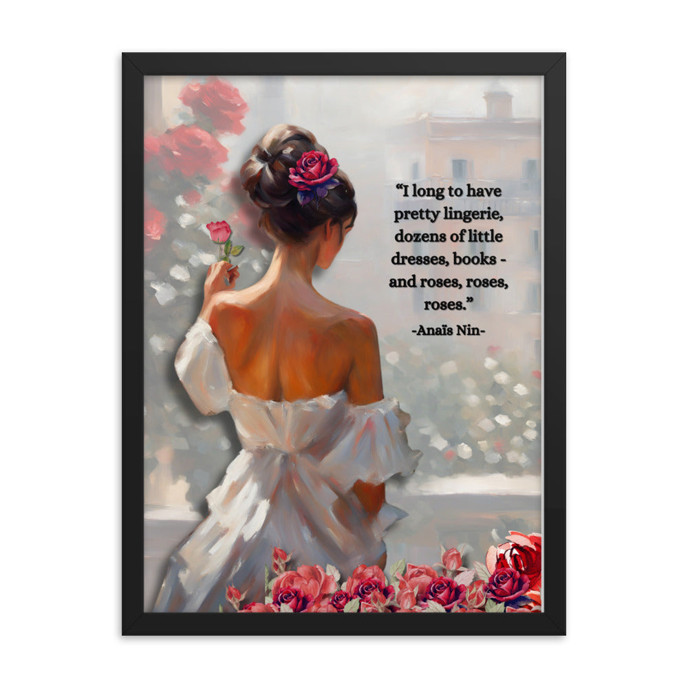 'Roses' framed photo paper poster with impressionist oil style artwork and quote from Anaïs Nin