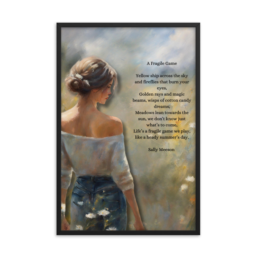 'A Fragile Game' framed photo paper poster with impressionist oil style artwork and original poem by writer Sally Meeson