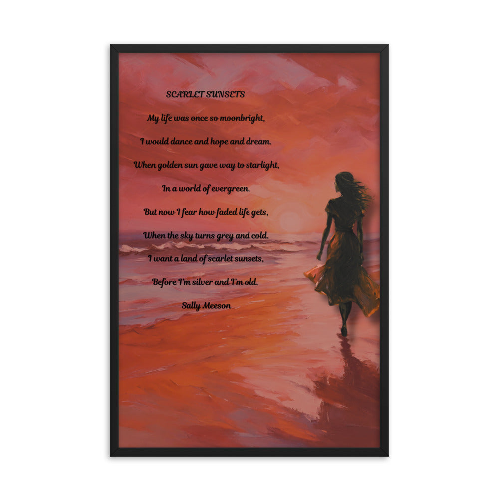 'Scarlet Sunsets' framed photo paper poster with impressionist oil style artwork and original poem by writer Sally Meeson