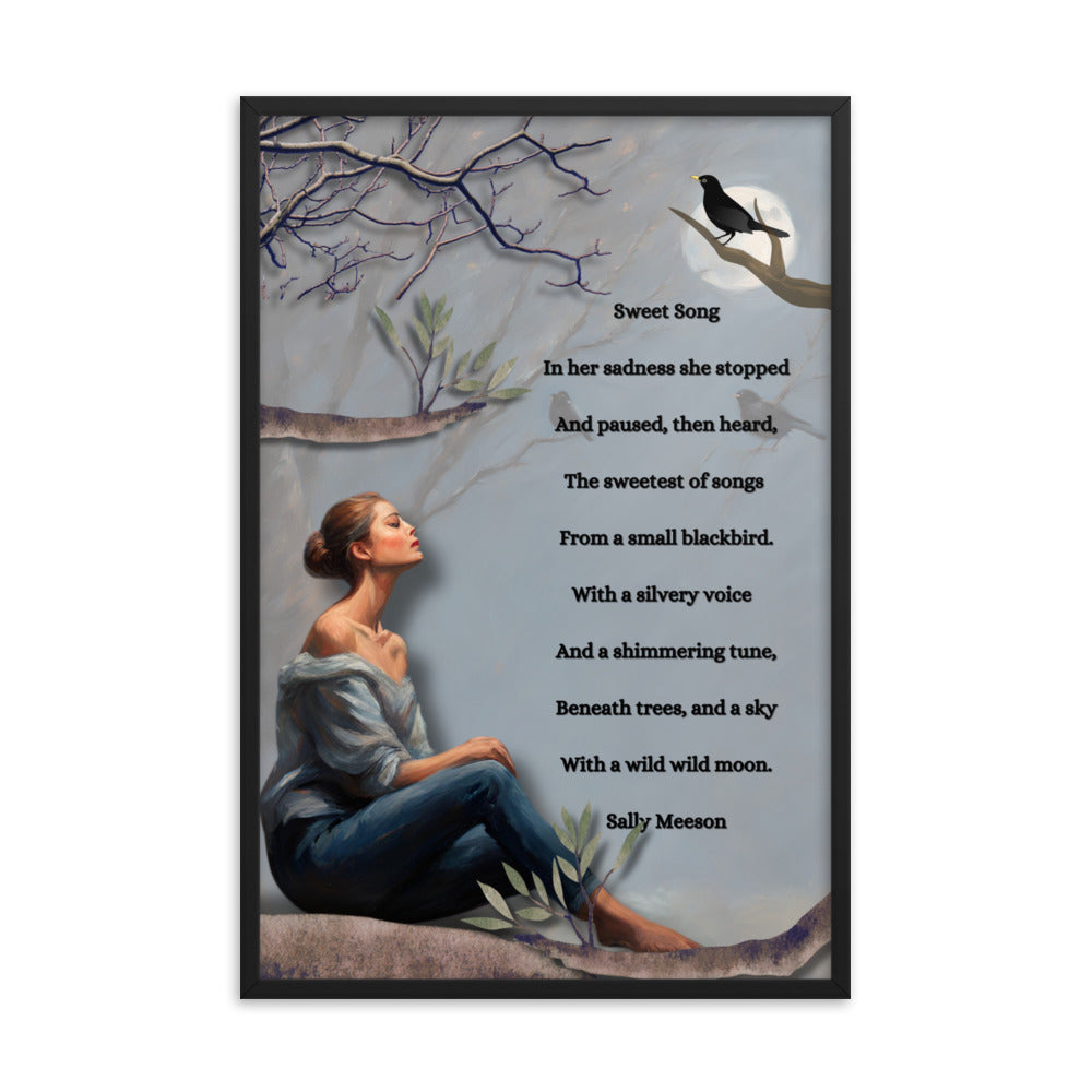 'Sweet Song' framed photo paper poster with impressionist style artwork and original poem by writer Sally Meeson