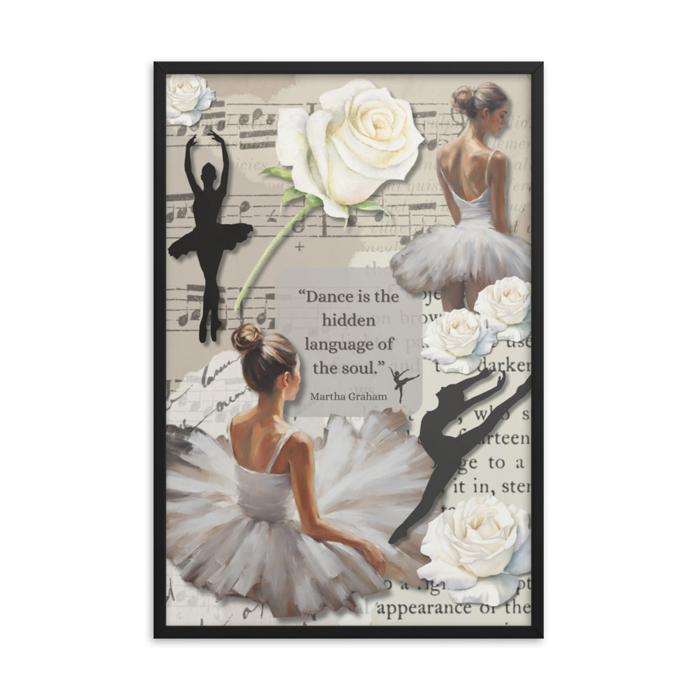 'Dance' framed photo paper poster with impressionist oil style artwork and quote by dancer Martha Graham