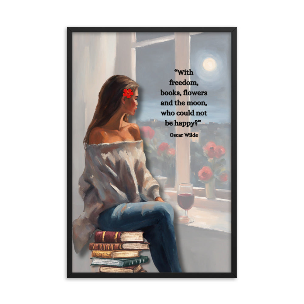 'Freedom, books, flowers and the moon' framed photo paper poster with impressionist oil style artwork and Oscar Wilde quote