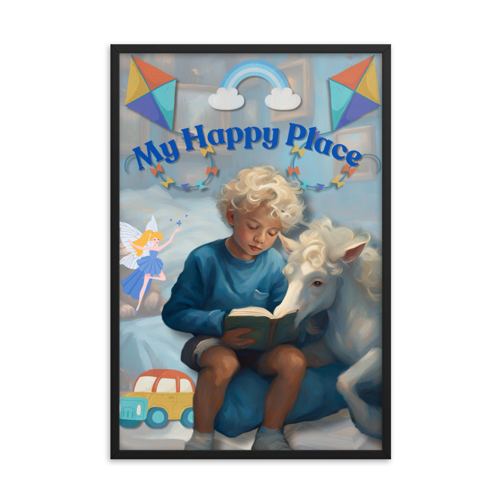 'My Happy Place' child's room blue framed photo paper poster with impressionist oil style artwork