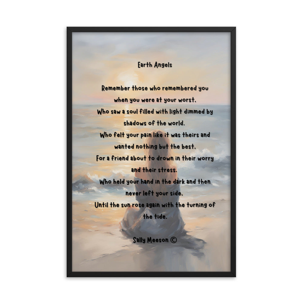 'Earth Angels' framed photo paper poster with impressionist style artwork and original poem by writer Sally Meeson