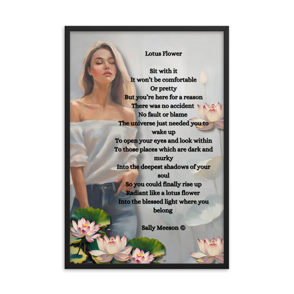 'Lotus Flower' framed photo paper poster with impressionist oil style artwork and original poem by writer Sally Meeson