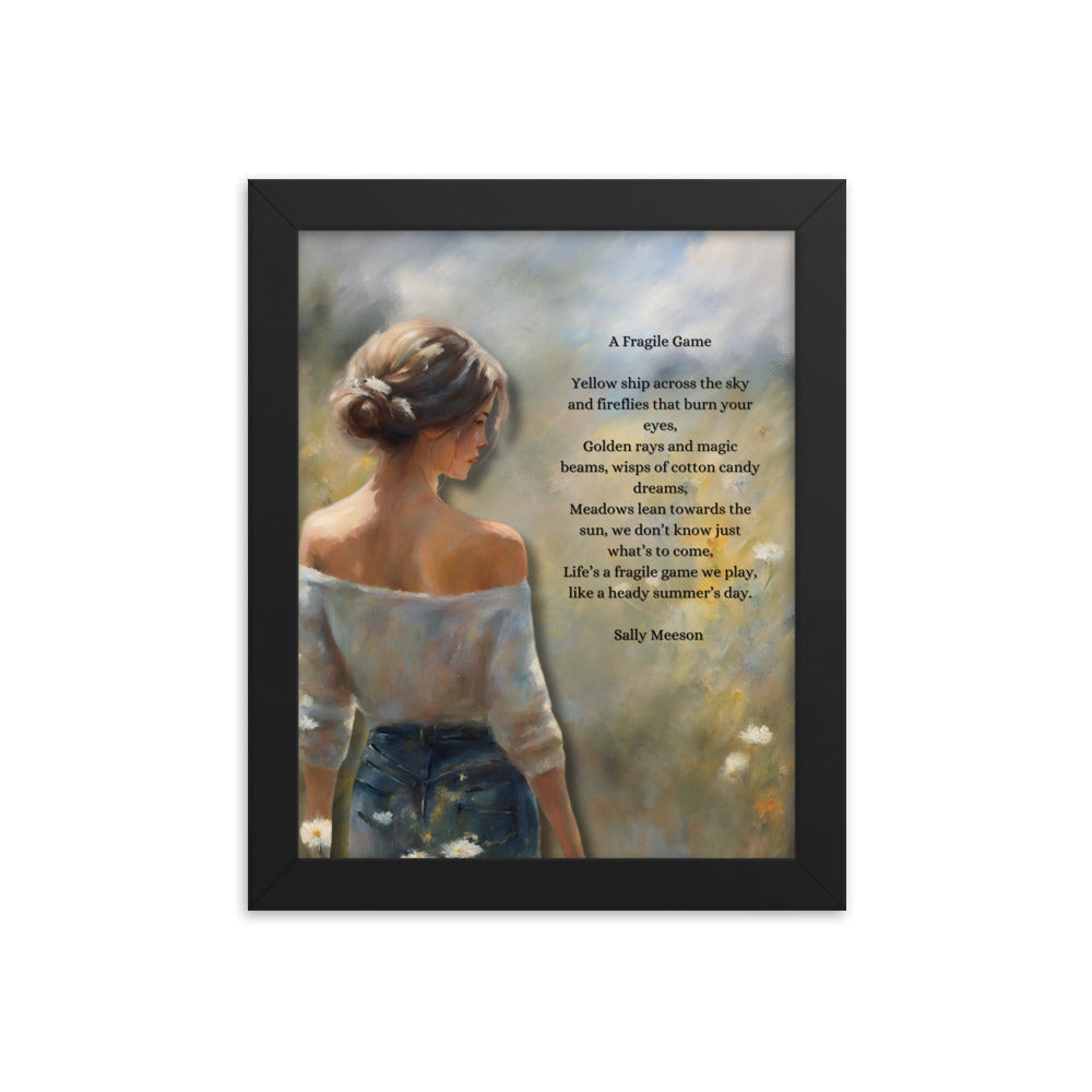 'A Fragile Game' framed photo paper poster with impressionist oil style artwork and original poem by writer Sally Meeson