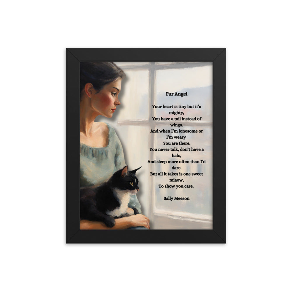 'Fur Angel' framed photo paper poster with impressionist oil style artwork and original poem by writer Sally Meeson