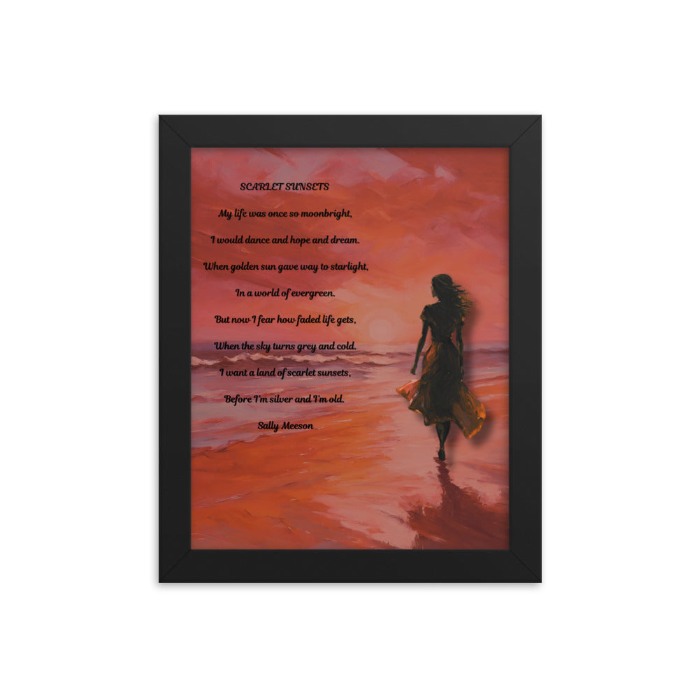 'Scarlet Sunsets' framed photo paper poster with impressionist oil style artwork and original poem by writer Sally Meeson