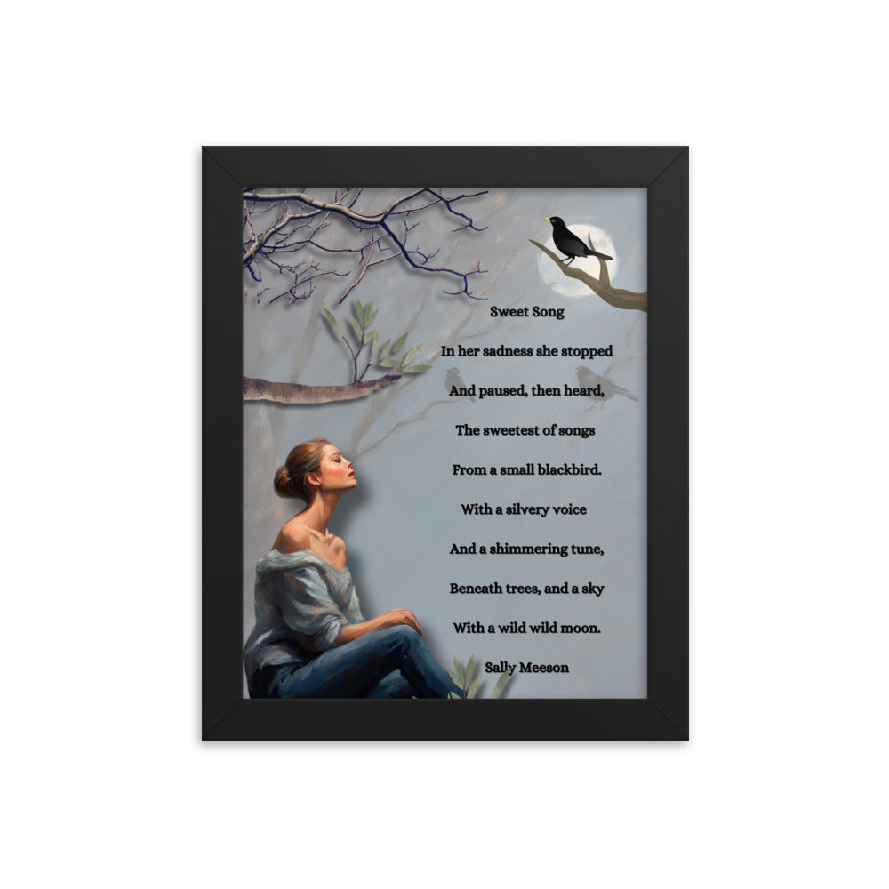 'Sweet Song' framed photo paper poster with impressionist style artwork and original poem by writer Sally Meeson