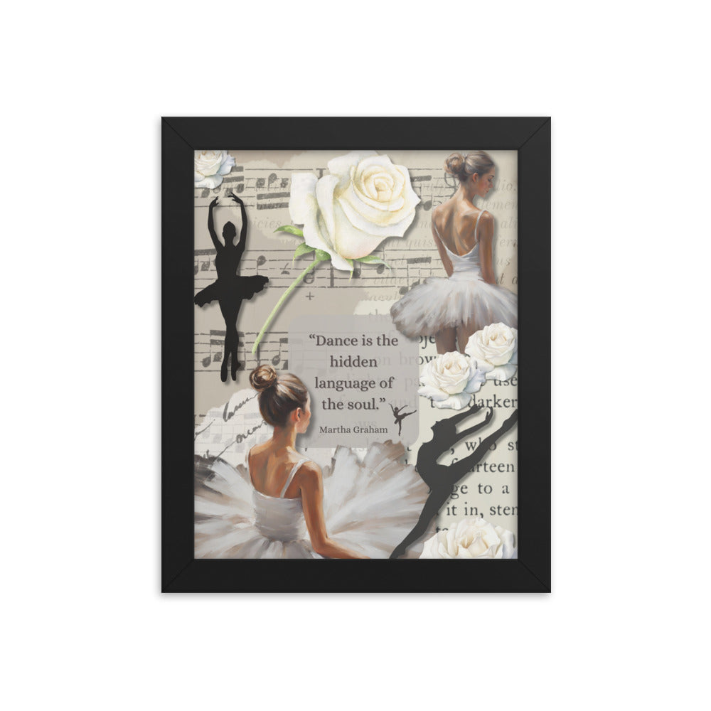 'Dance' framed photo paper poster with impressionist oil style artwork and quote by dancer Martha Graham