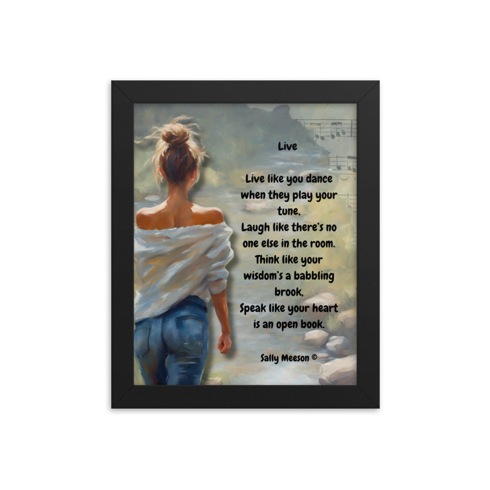 'Live' framed photo paper poster with impressionist oil style artwork and original poem by writer Sally Meeson