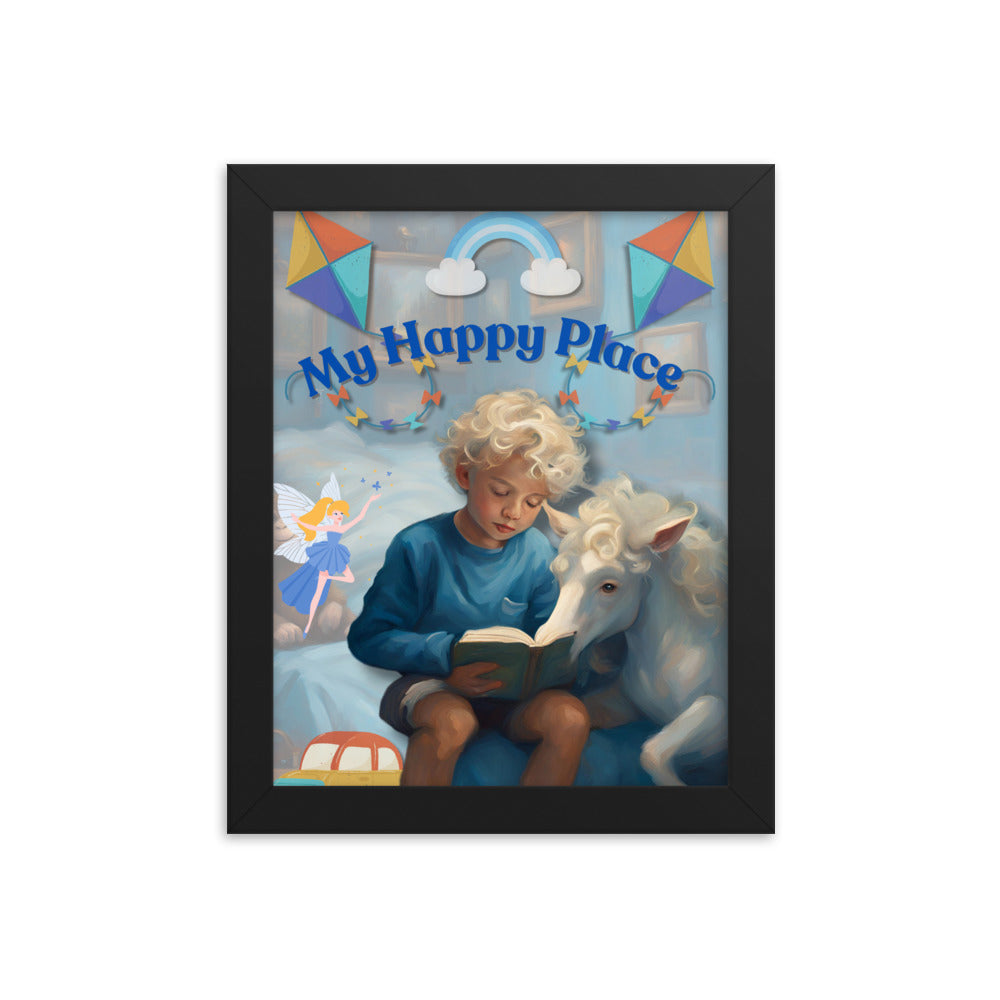 'My Happy Place' child's room blue framed photo paper poster with impressionist oil style artwork