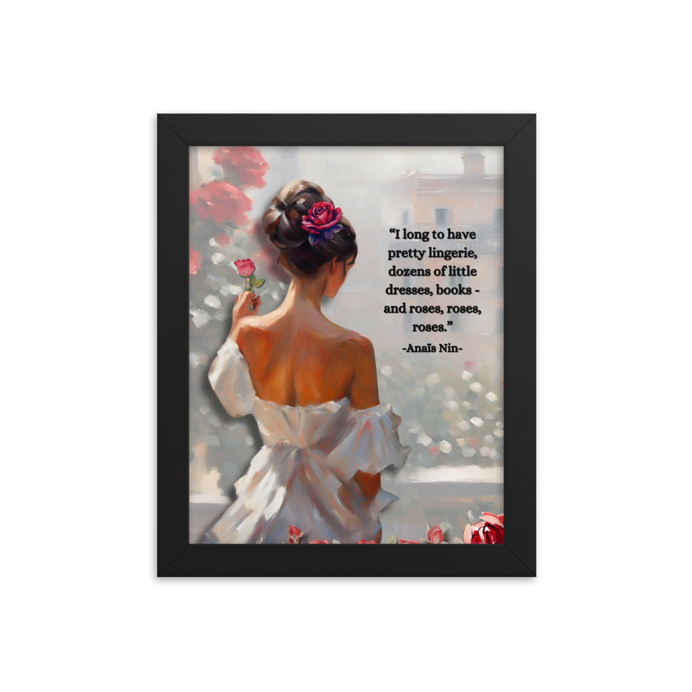 'Roses' framed photo paper poster with impressionist oil style artwork and quote from Anaïs Nin