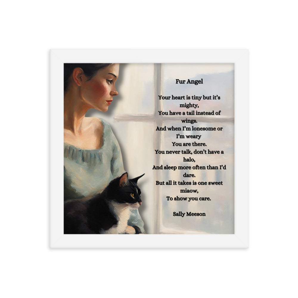 'Fur Angel' framed photo paper poster with impressionist oil style artwork and original poem by writer Sally Meeson